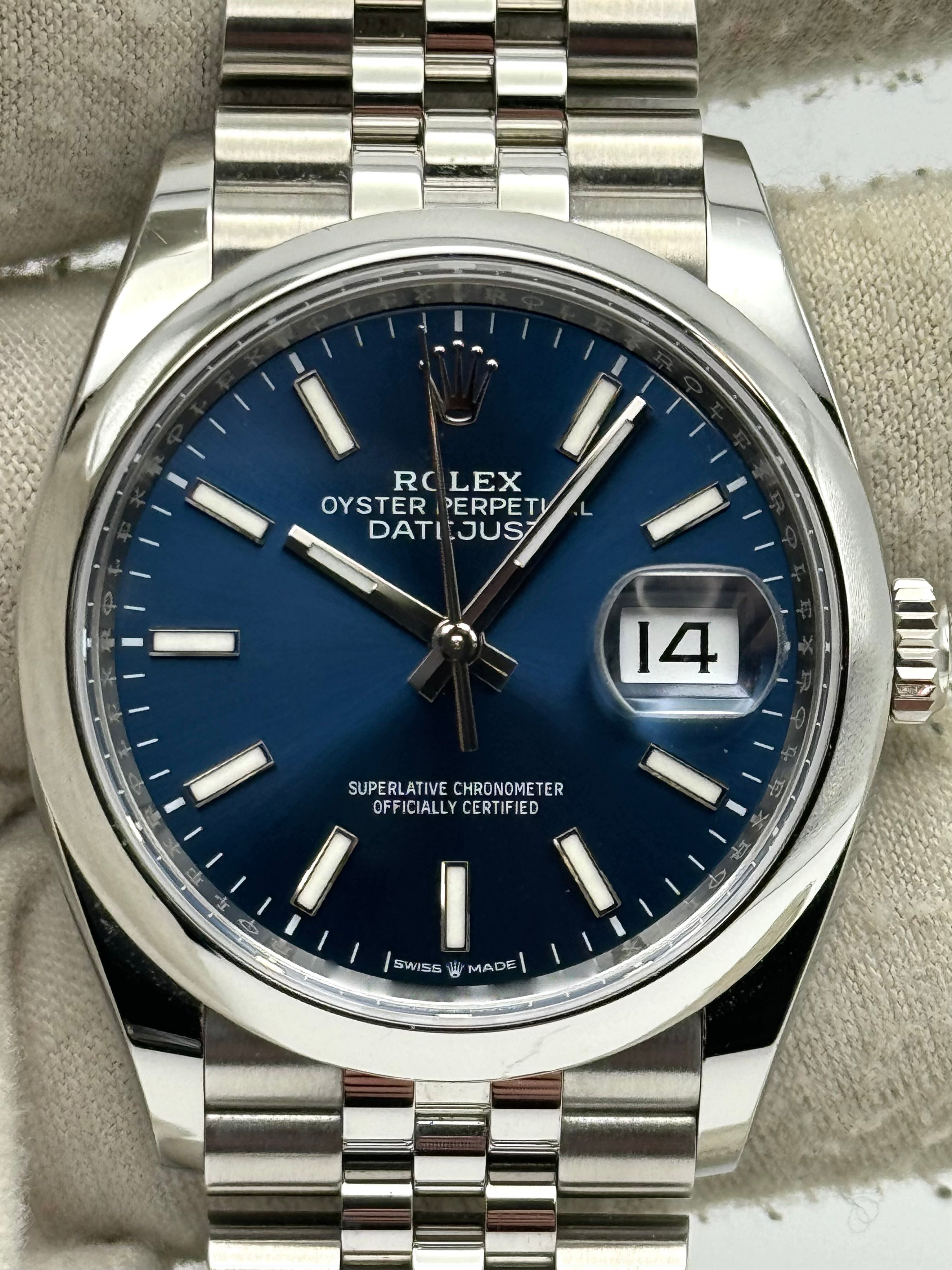 Rolex Datejust 36mm Smooth Blue Index Dial Jubilee Bracelet 126200 Box & Papers 2025