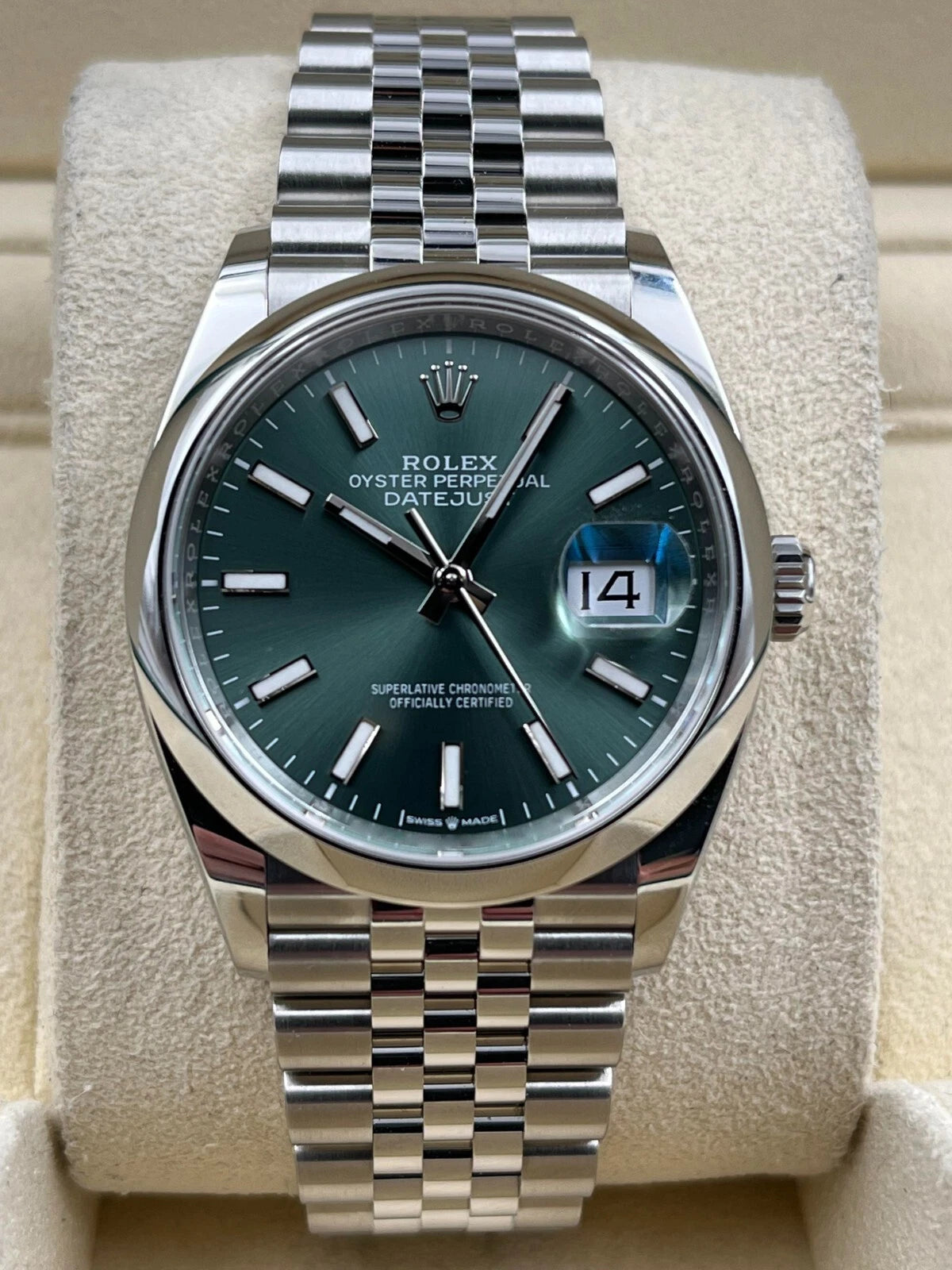Rolex Datejust 36mm Smooth Mint Green Index Dial Jubilee Bracelet 126200 Box & Papers 2025
