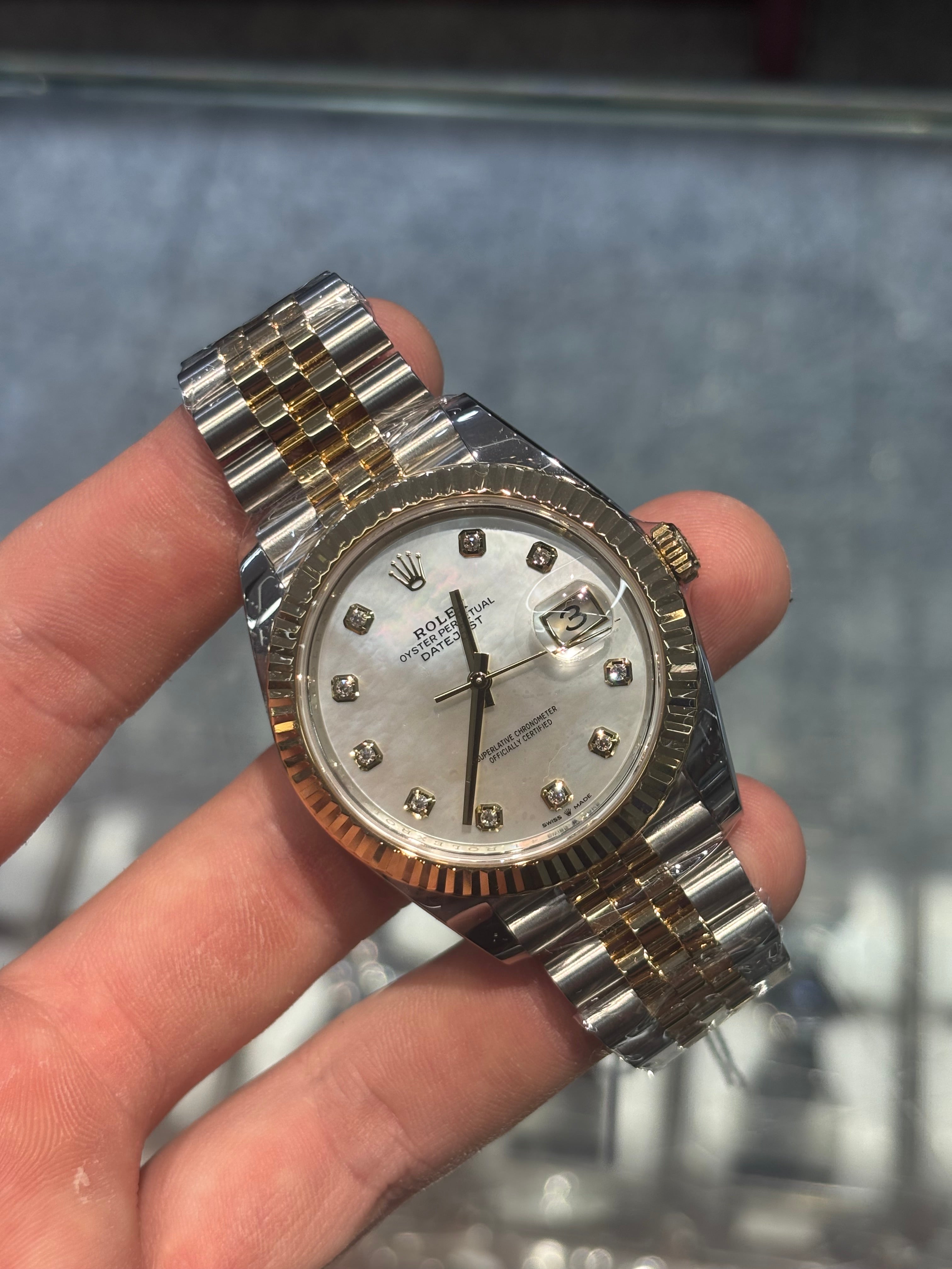 Rolex Datejust 41mm MOP Diamond Fluted Jubilee Bracelet Box and Papers 126333